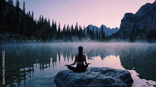 Woman Meditating in Nature by Serene Mountain Lake with Mist at Dawn Peaceful Yoga for Wellness and Mindfulness
