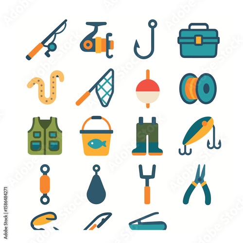 Fishing gear icon collection. modern equipment simple tackle, hook, reel, rod, lure icons