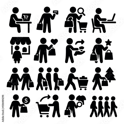 Shopping behavior icon collection. consumer activities silhouette: cart, payment, bag, shopper, browse, purchase, store,