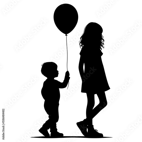 Silhouette of a small boy holding a balloon standing behind an older girl, calm mood, side view against white background with copy space