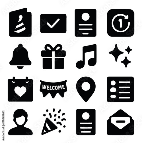 Event icon collection. celebration, reminder, invitation, music, welcome, gift silhouette