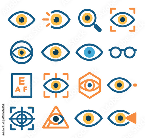 Vision icon collection: eye, glasses, focus, zoom, sight silhouette