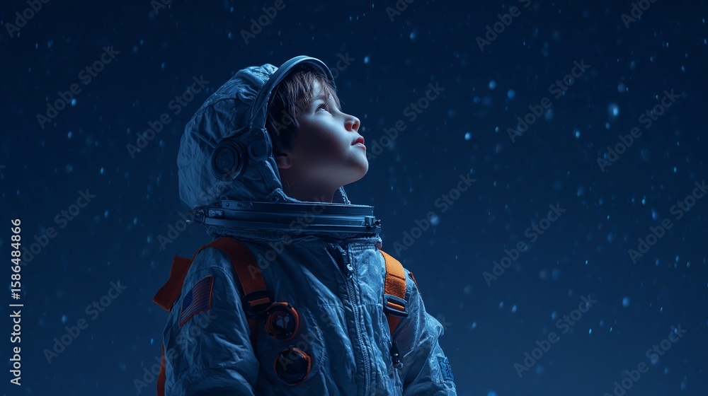 Young boy in astronaut suit dreaming of distant stars and the boundless possibilities of space exploration, filled with wonder