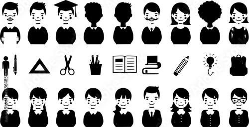 set of Man girl students classmates pictogram icon in a collection with other items
