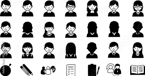 set of Man girl students classmates pictogram icon in a collection with other items
