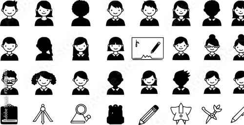 set of Man girl students classmates pictogram icon in a collection with other items
