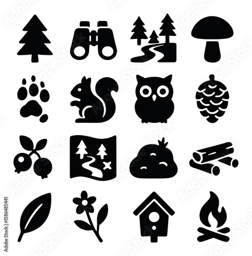 Forest exploration icon collection. nature trekking silhouette: tree, binoculars, trail, mushroom, paw, squirrel, owl, pinecone, berries, map, logs, campfire