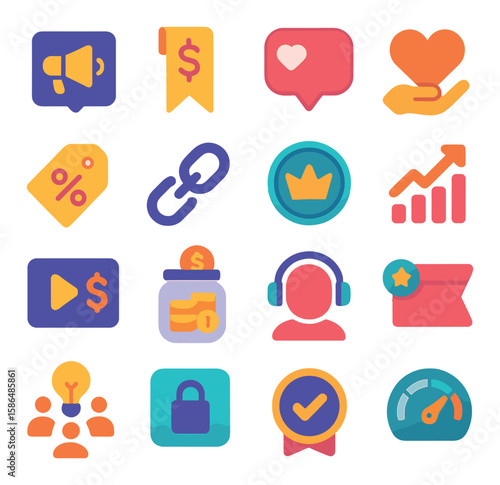 Podcast monetization icon collection. simple icons: dollar, heart, chart, lock, crown, tag