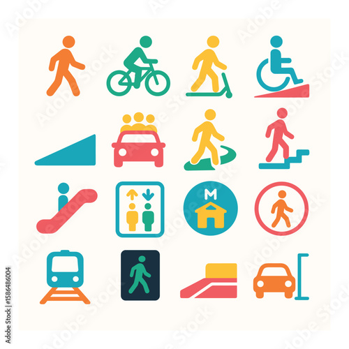 Urban mobility icon collection: simple transport, walk, bike, wheelchair, transit, flat