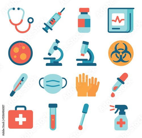 Medical icon collection. colorful simple medical tools. stethoscope, syringe, mask, virus, vaccine, test tube, microscope, biohazard