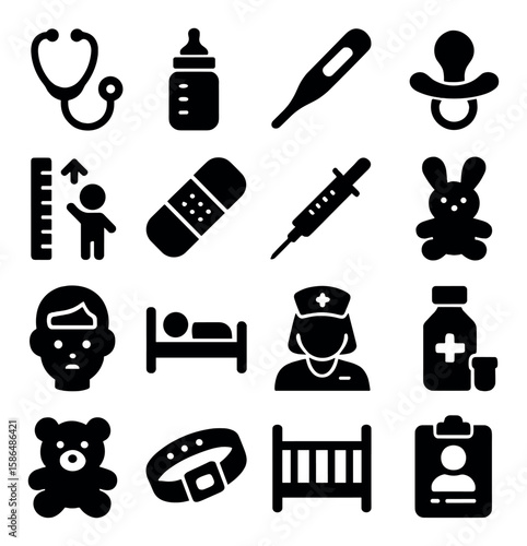 Pediatric care icon collection. simple healthcare and baby care silhouette set. stethoscope, bottle, thermometer, pacifier, bandage, syringe