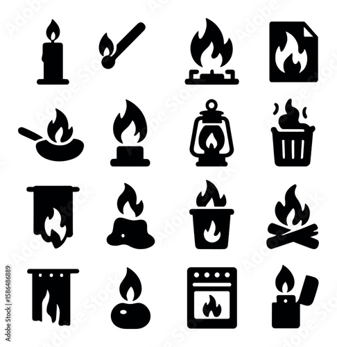 Flammable icon collection. simple fire, match, candle, stove, lantern, lighter silhouette