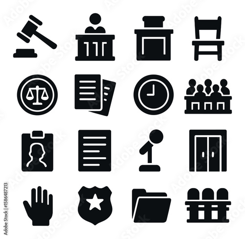 Courtroom icon collection. legal justice silhouette icons. gavel, judge, scales, police, jury, defense, legal, verdict