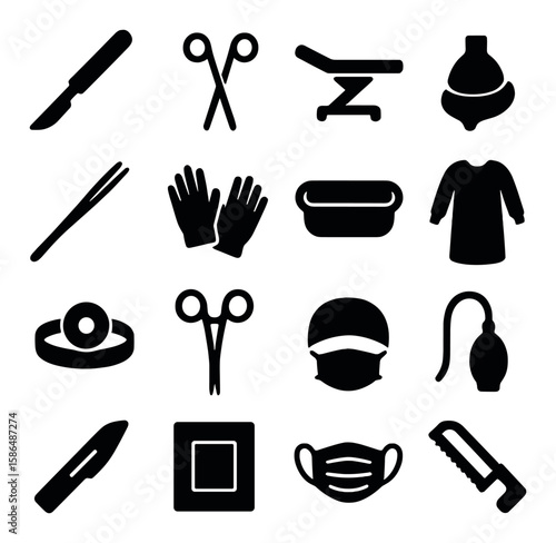 Surgical tool icon collection: simple medical instruments silhouette. scalpel, scissors, mask
