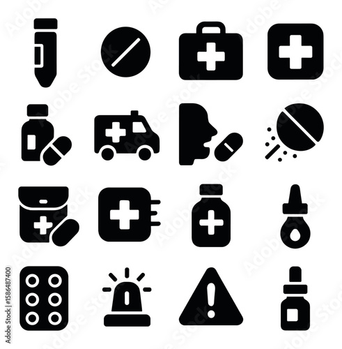 Emergency medicine icon collection. healthcare silhouette set: ambulance, pill, syringe, first aid