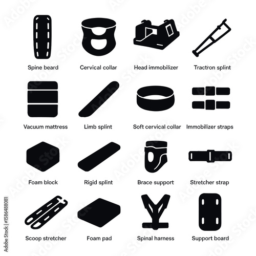 Emergency equipment icon collection. simple silhouette icons: spine board, cervical collar, splint, immobilizer, harness, support board