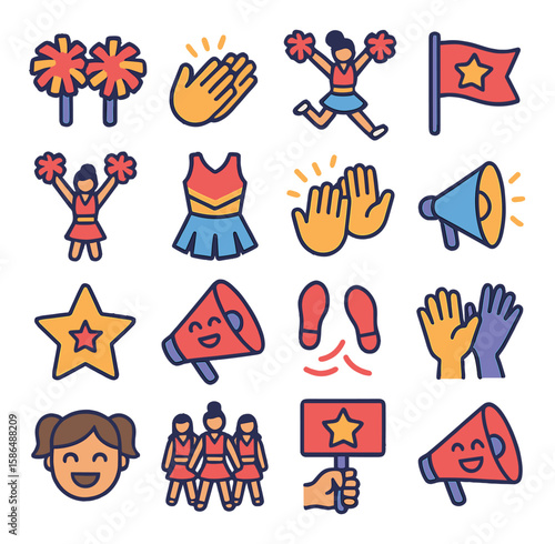 Cheerleading icon collection. energetic cheer, megaphone, pom poms, spirit, star