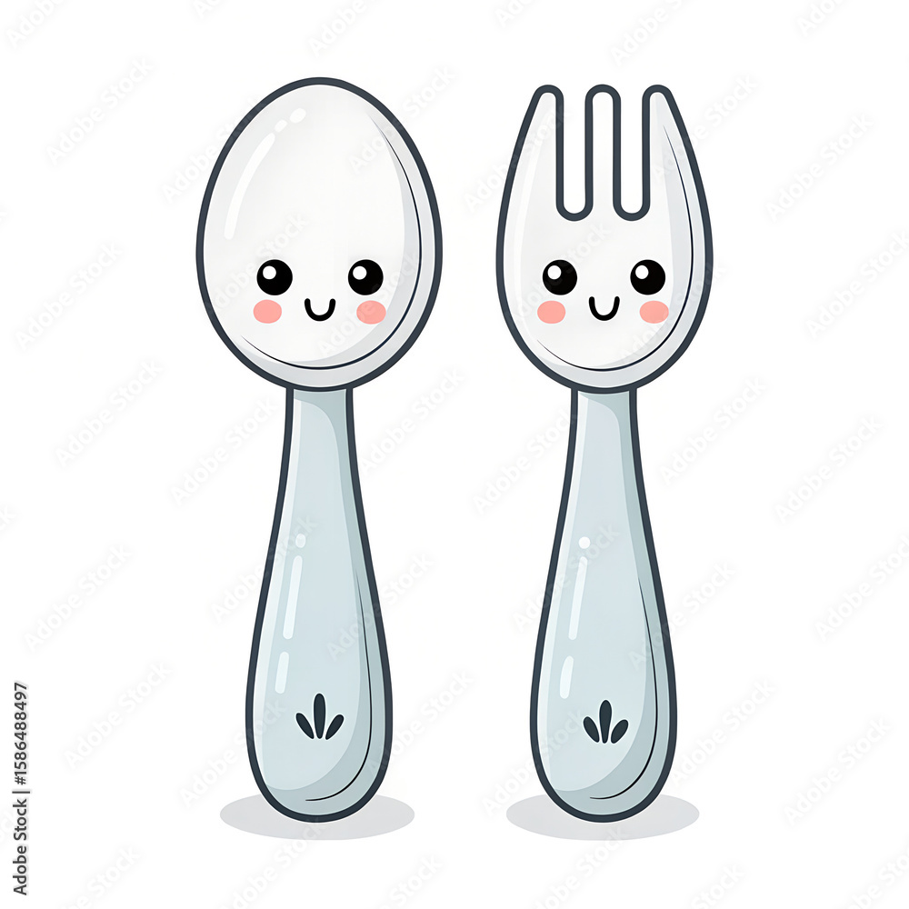 Fototapeta premium Baby spoon and fork with cute eyes — minimal isolated icon 