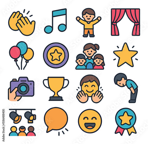 Kids talent show icon collection: simple flat design. clapping, music, trophy, family
