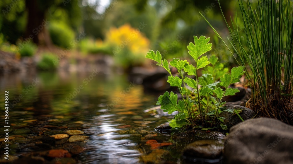 Fototapeta premium A small green plant grows on the edge of a clear, rocky stream surrounded by lush vegetation in a serene, natural setting.