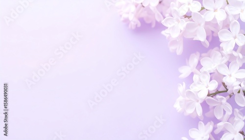 Delicate lilac blossoms arranged on a pastel purple background