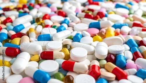 Health themes: Background of a large group of assorted capsules, pills and blisters. Drug abuse.