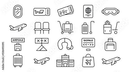 Black and white line art icons for air travel airplane 1