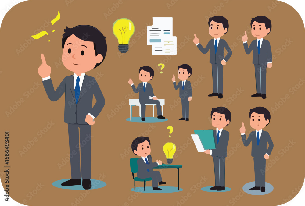 A business man in a suit is shown in multiple poses pointing with his finger and holding a clipboard representing ideas and solutions A business man in a suit is shown in multiple poses pointing with his finger and holding a clipboard representing ideas and solutions