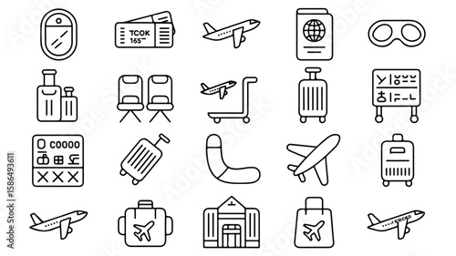 Black and white line art icons for air travel airplane 2