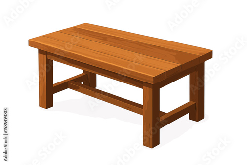 Realistic 3D wooden table or bench vector illustration. Isometric brown wood furniture for interior design, isolated object. Empty classic tabletop for product placement.