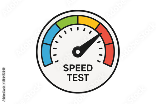 Internet speed test icon. Fast connection speedometer or gauge. High bandwidth meter for download and upload performance. Network diagnostic tool for data measurement. Vector.