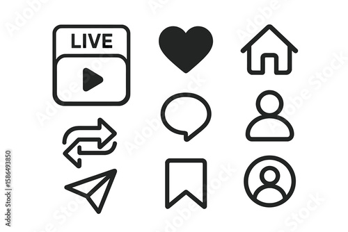 Instagram icon set. Social media UI buttons collection. Simple vector symbols for like, comment, share, save, home, profile, and live stream for web and app design.