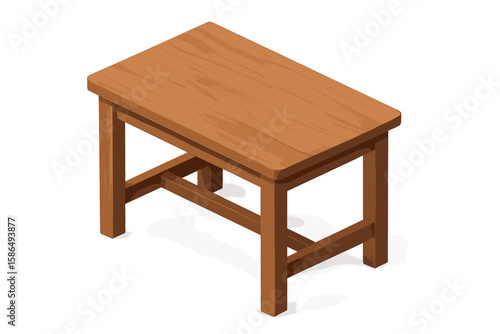 Realistic 3D wooden table or stool vector illustration. Isometric brown wood furniture for interior design. Small classic stand isolated on transparent background. Object.