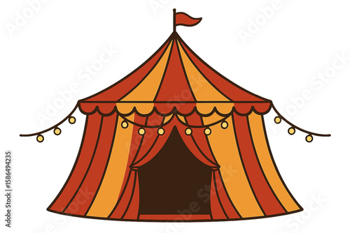 Carnival circus tent with garland lights. Vector illustration for funfair, festival, or amusement park event. Striped marquee big top isolated on transparent background.