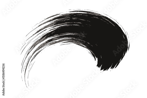 Black grunge brush stroke. Abstract curved ink smear with texture. Artistic paint swipe design element. Vector illustration of a distressed splash stain isolated on transparent background.