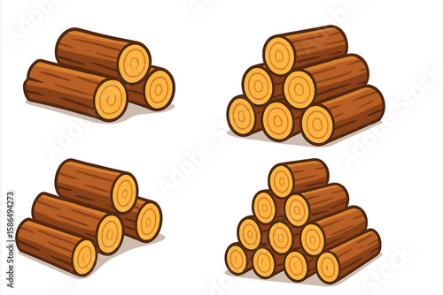 Firewood pile cartoon set. Stack of wood logs for campfire or fireplace. Natural fuel, lumber, and timber vector illustration. Winter heating concept. Woodpile collection icons.