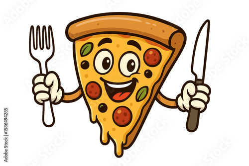 Happy cartoon pizza slice character holding fork and knife. Cute smiling food mascot for pizzeria logo or restaurant menu. Italian fast food vector illustration icon.