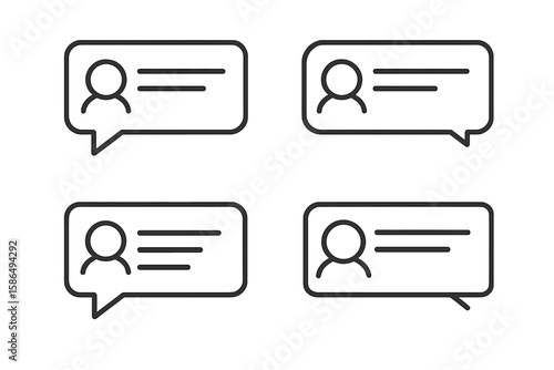 Chat message templates vector illustration. Line icon set with user profile for SMS, messengers, and social media apps. Speech bubble and dialogue symbols for UI design.
