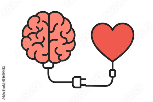 Heart and brain connection concept. Emotional intelligence icon. Logic and emotion, mind and feelings working together. Psychology, mental health vector illustration. Love and reason.