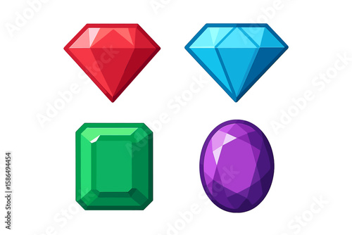 Vibrant Gemstone Collection Vector Set – Red Ruby, Blue Diamond, Green Emerald, Purple Amethyst, Isolated on White, Shiny Faceted Jewels, Colorful Precious Stones, Clipart for Jewelry Design