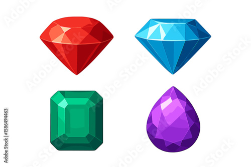 Vibrant Gemstone Collection Vector Illustration – Red Ruby, Blue Diamond, Green Emerald, Purple Amethyst, Isolated on Transparent Background, Colorful Precious Jewels, Geometric Faceted Shapes