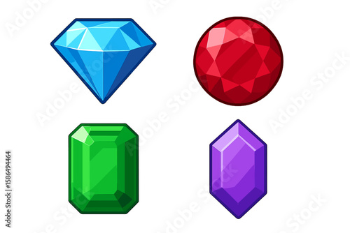 Vibrant Gemstone Collection Vector Set – Blue Diamond, Red Ruby, Green Emerald, Purple Amethyst, Shiny Faceted Jewels, Isolated on Transparent Background, Colorful Precious Stones Illustration