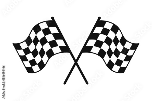 Crossed checkered racing flags icon. Waving checker flag for victory and competition. Finish line symbol for motorsport and auto race. Simple black and white vector design.
