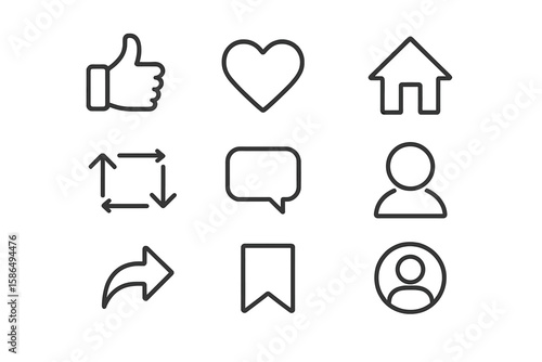 Social media icons set. Line art collection for web and app interface design. Minimalist symbols for like, love, comment, share, save, home, and user profile. UI UX kit vector.