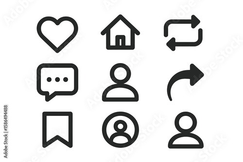Social media icon set. User interface simple glyph collection for web and mobile app design. Vector symbols like heart, home, share, comment, profile, and save buttons.