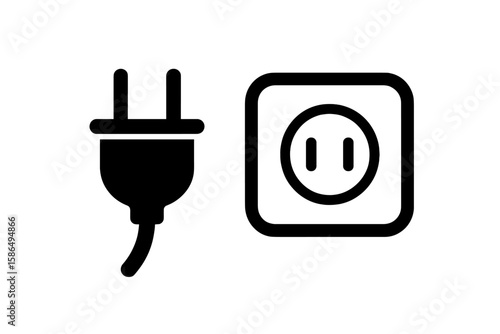 Minimalist Black Electric Plug and Socket Vector Illustration, Power Supply Connection Icon, Simple Solid Design, Electrical Energy Concept, Isolated Transparent Background, Utility Symbol Graphic