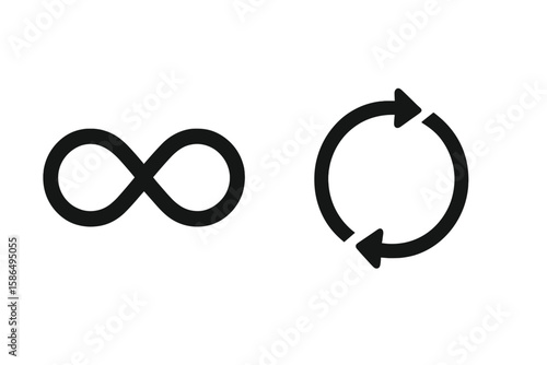 Infinity Symbol and Circular Economy Loop Vector Icons – Infinity Loop, Endless Cycle, Sustainability Concept, Bold Black Outline, Recycle, Repetition, Modern Isolated Graphic Illustration