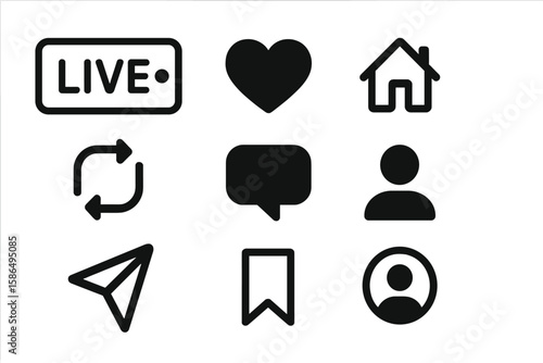 Instagram Social Media Icons Set. Live Streaming, Like, Love, Heart, Home, Repost, Comment, Follow, Share, Save, User Profile, Direct Message, Navigation, Modern Interface Symbols, Vector Collection