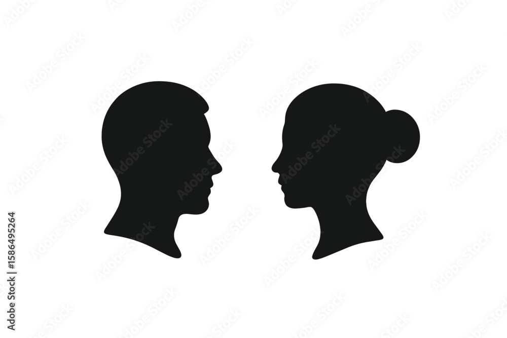 Male and Female Head Silhouette Icon, Profile Side View, Black Vector Illustration, Gender Face Symbol, Relationship Concept, Human Avatar Sign, Transparent Background, Modern Minimalist Design Male and Female Head Silhouette Icon, Profile Side View, Black Vector Illustration, Gender Face Symbol, Relationship Concept, Human Avatar Sign, Transparent Background, Modern Minimalist Design