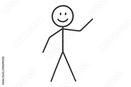 Smiling Stick Figure Character Waving Hand, Hand Drawn Minimalist Line Art, Simple Happy Person, Isolated on Transparent Background, Cartoon Doodle Style, Friendly Gesture Illustration
